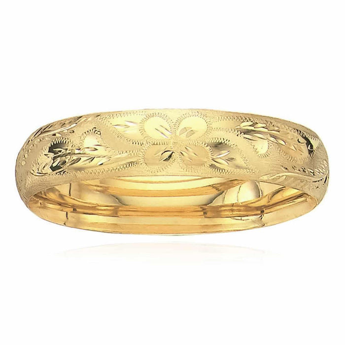 14K Yellow Gold 13.5mm Diamond - Cut Floral Pattern Bangle Bracelet (Hollow) 7" - 8" - WJD Exclusives