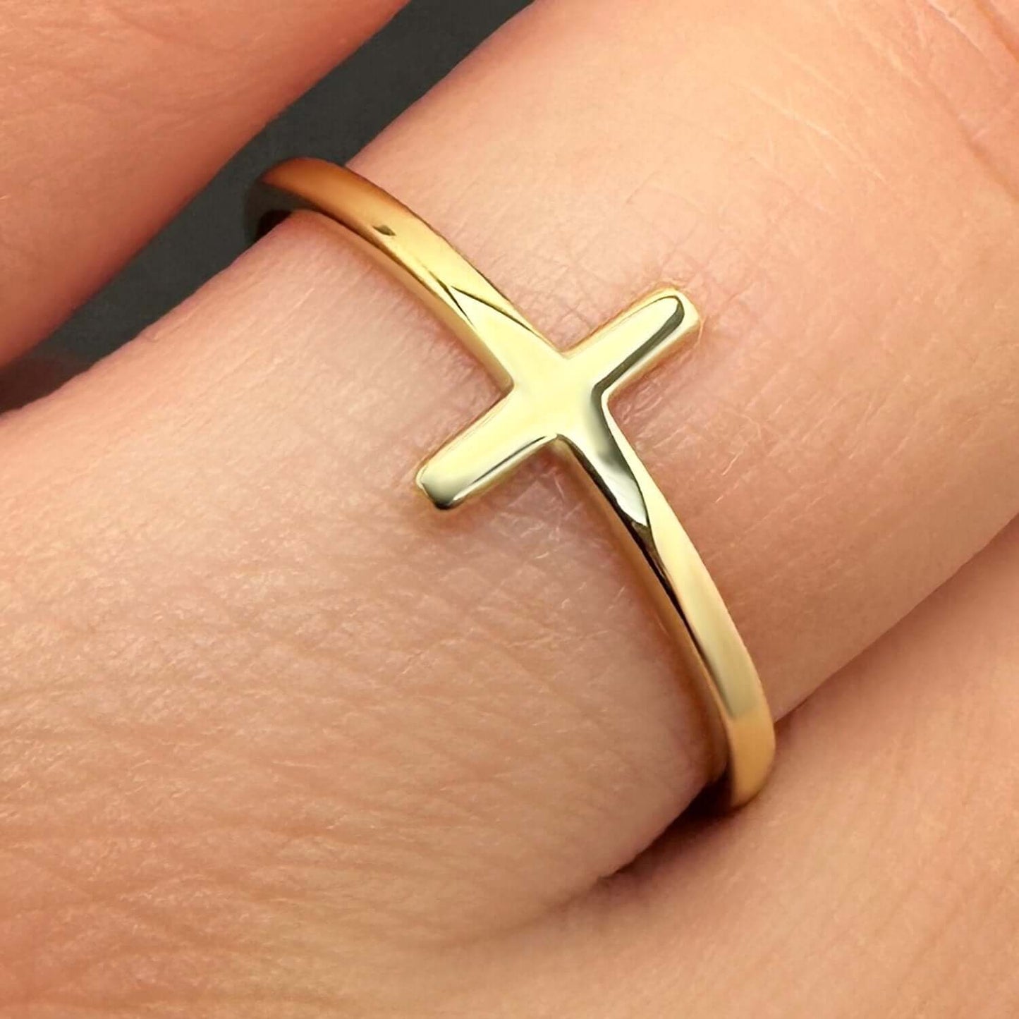 14K Gold Modern Sideways Cross Stackable Ring