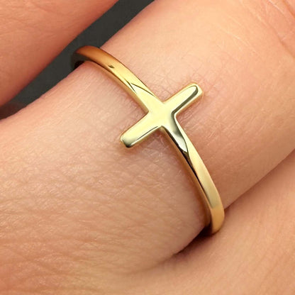 14K Gold Modern Sideways Cross Stackable Ring