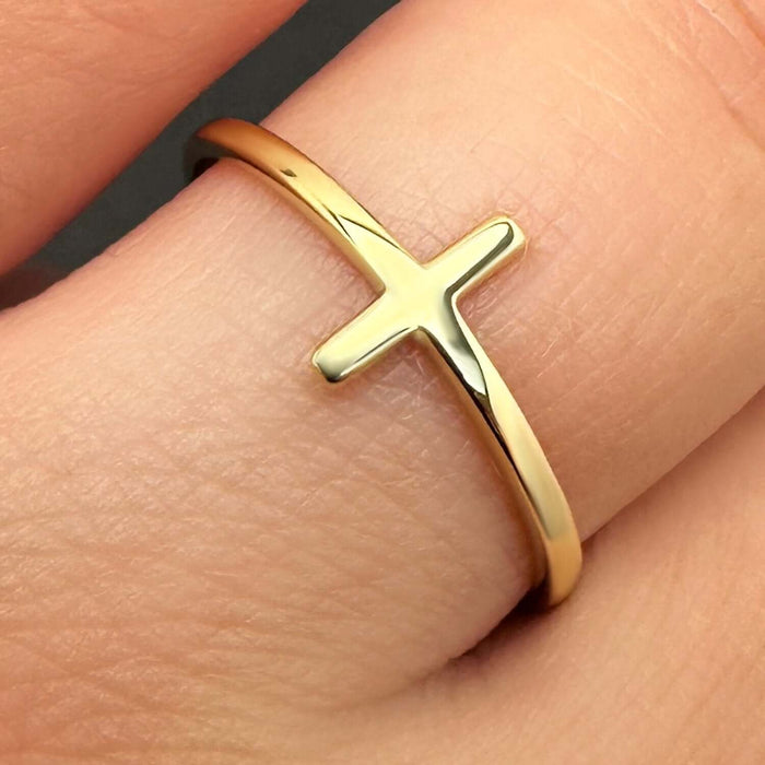 14K Gold Modern Sideways Cross Stackable Ring - WJD Exclusives