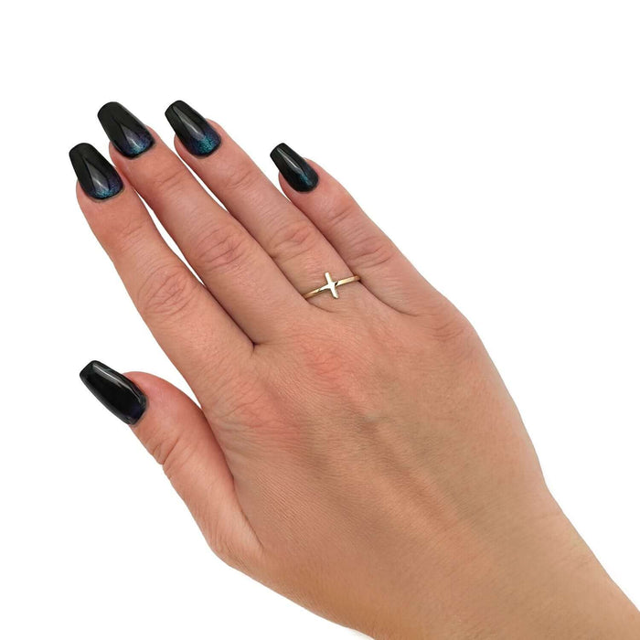 14K Gold Modern Sideways Cross Stackable Ring - WJD Exclusives