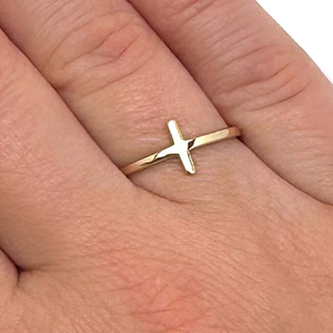 14K Gold Modern Sideways Cross Stackable Ring - WJD Exclusives