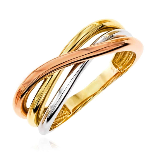 14K Gold Tri-Color Yellow White Rose Crossover Trinity Stackable Ring
