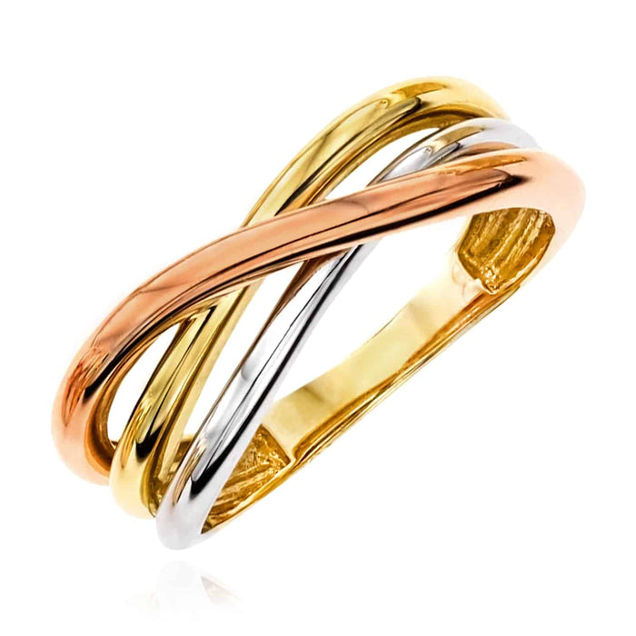 14K Gold Tri - Color Yellow White Rose Crossover Trinity Stackable Ring - WJD Exclusives