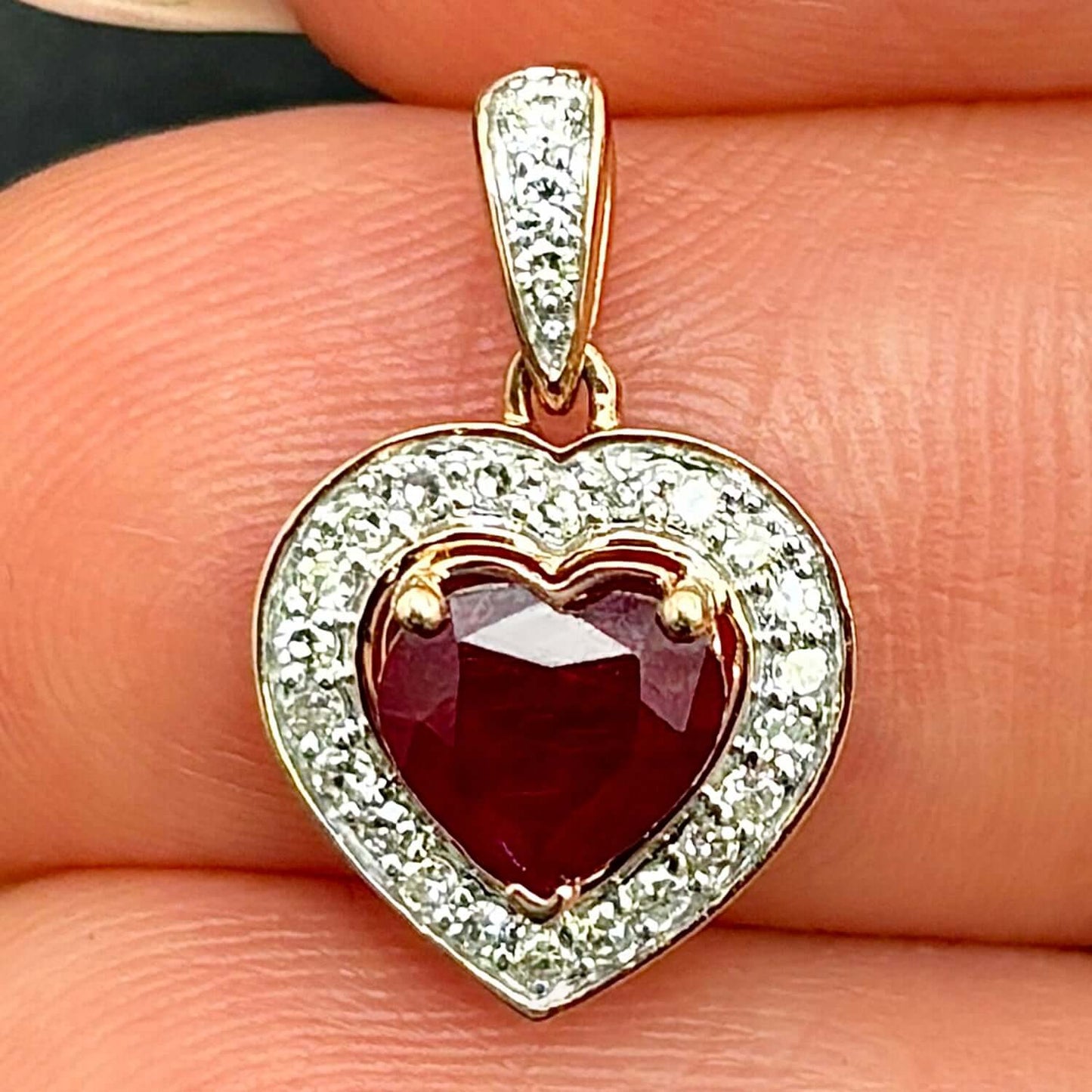 0.62CTW Natural Diamond 10K Rose Gold Halo Ruby Heart Pendant 0.5"