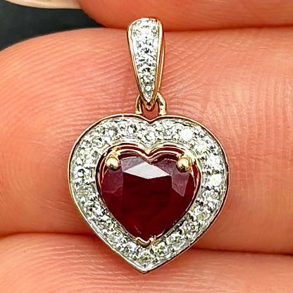 0.62CTW Natural Diamond 10K Rose Gold Halo Ruby Heart Pendant 0.5"