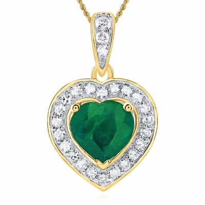 Natural Diamond 10K Yellow Gold Green Emerald Halo Heart Pendant 0.5" - WJD Exclusives