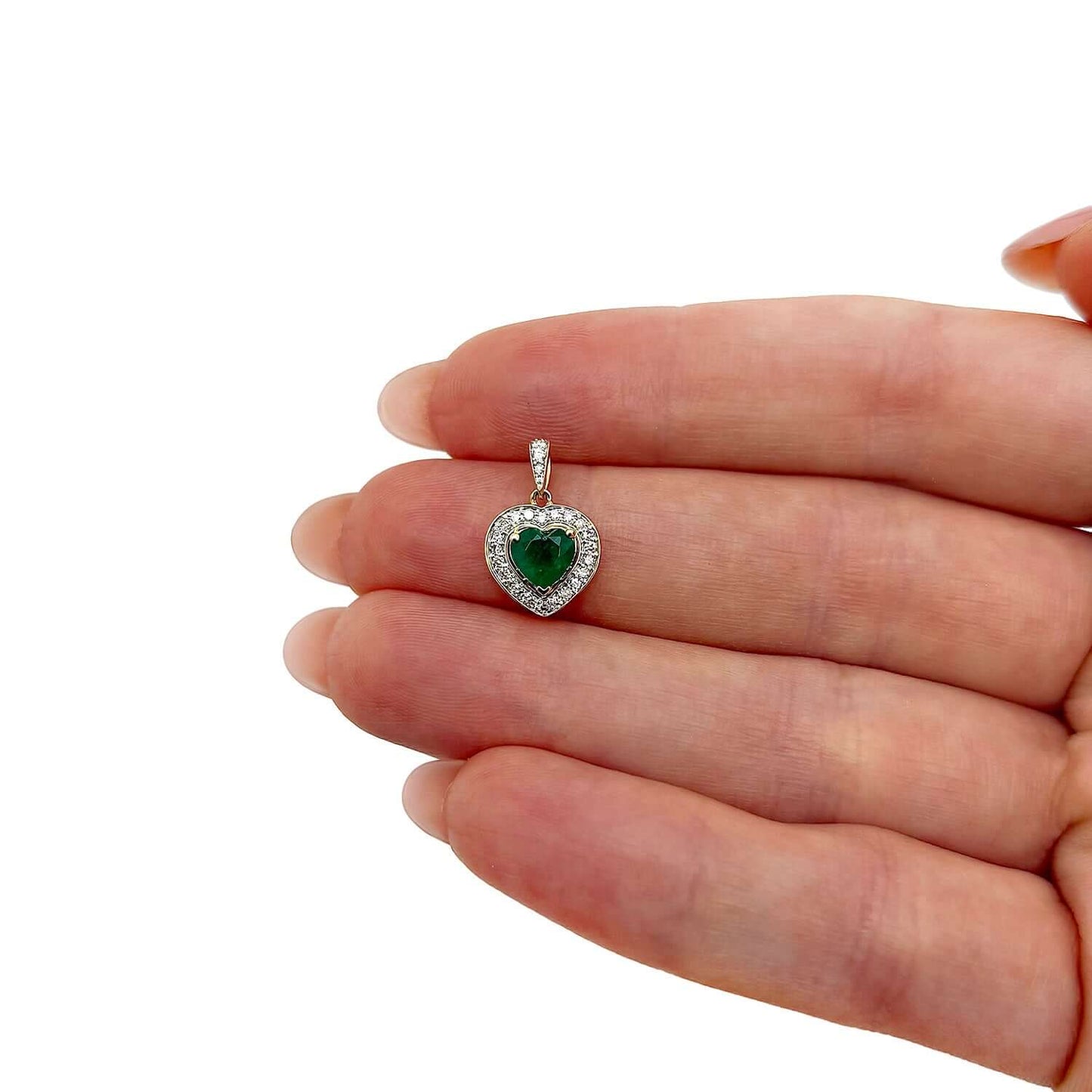 Natural Diamond 10K Yellow Gold Green Emerald Halo Heart Pendant 0.5"