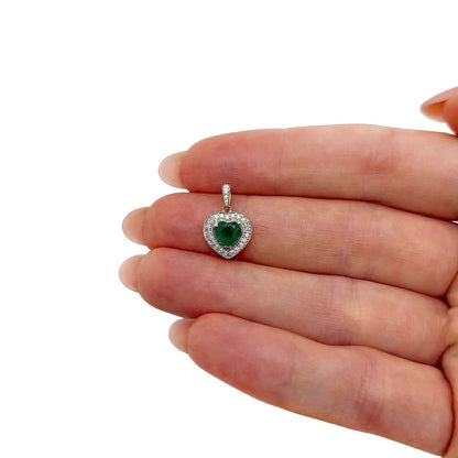 Natural Diamond 10K Yellow Gold Green Emerald Halo Heart Pendant 0.5"