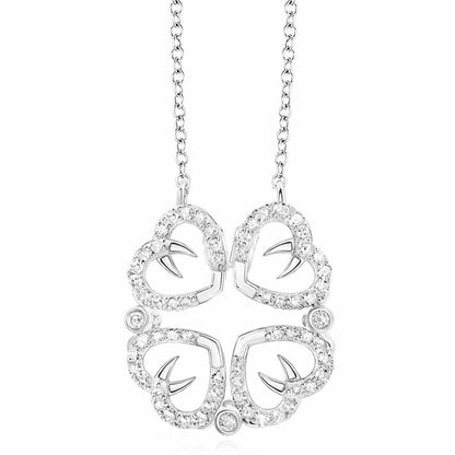 Real Diamond 10K Gold Yellow White Four Clover Hearts Pendant Necklace 18"
