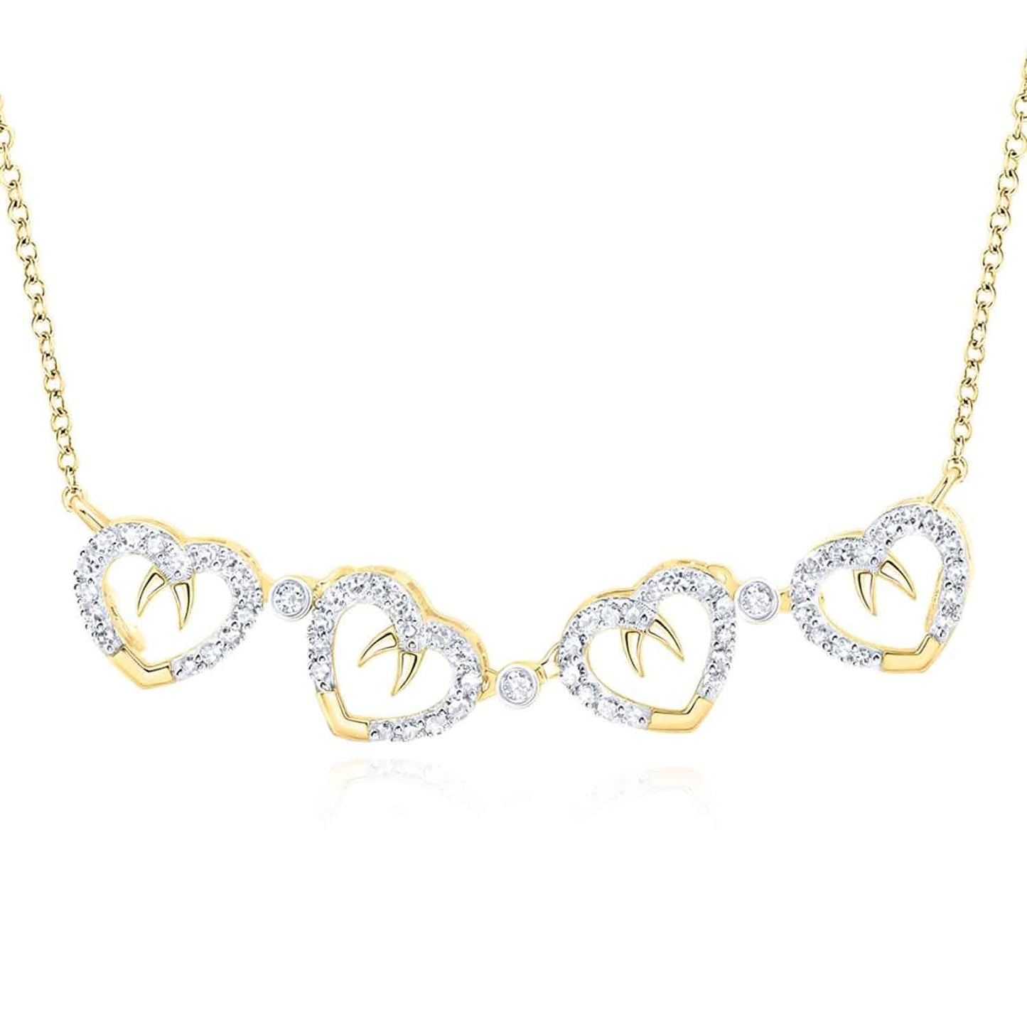 Real Diamond 10K Gold Yellow White Four Clover Hearts Pendant Necklace 18"