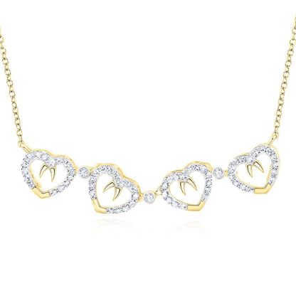 Real Diamond 10K Gold Yellow White Four Clover Hearts Pendant Necklace 18"