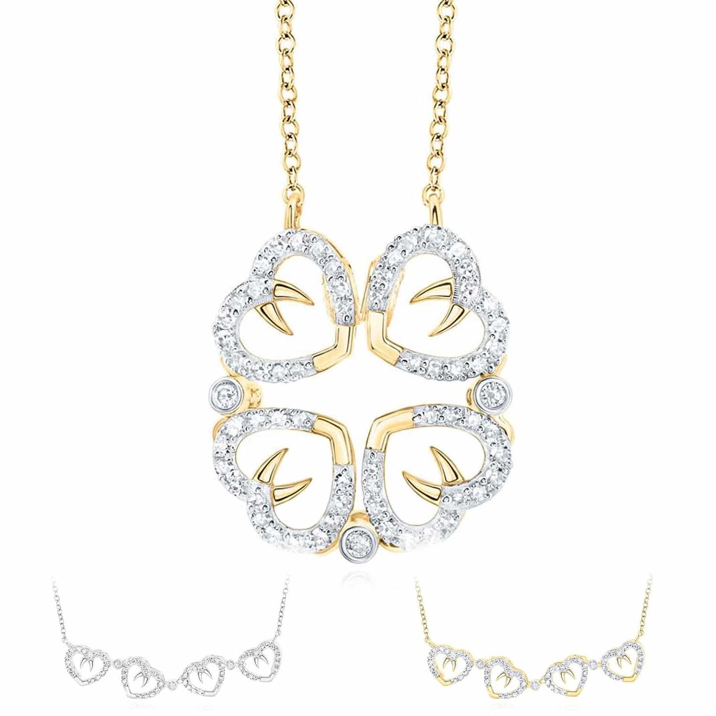 Real Diamond 10K Gold Yellow White Four Clover Hearts Pendant Necklace 18"