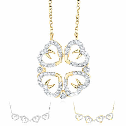 Real Diamond 10K Gold Yellow White Four Clover Hearts Pendant Necklace 18"