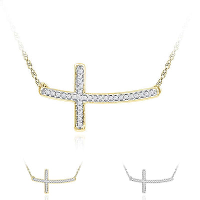 Natural Diamond 10K Gold Yellow White Curved Sideways Cross Necklace (Solid Links) 18" - WJD Exclusives