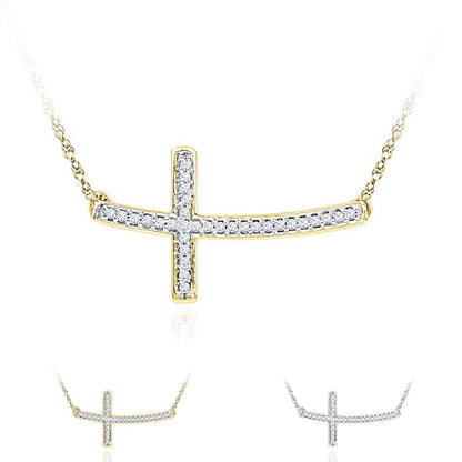 Real Diamond 10K Gold Yellow White Curved Sideways Cross Pendant Necklace 18"