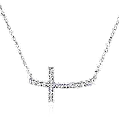 Real Diamond 10K Gold Yellow White Curved Sideways Cross Pendant Necklace 18"