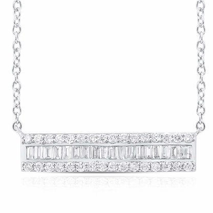 Real Diamond Round Baguette 10K White Gold Bar Pendant Chain Necklace 18"