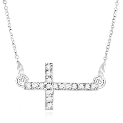 Natural Diamond 18K White Gold Over Silver Sideways Cross Necklace (Solid Links) 17" - WJD Exclusives