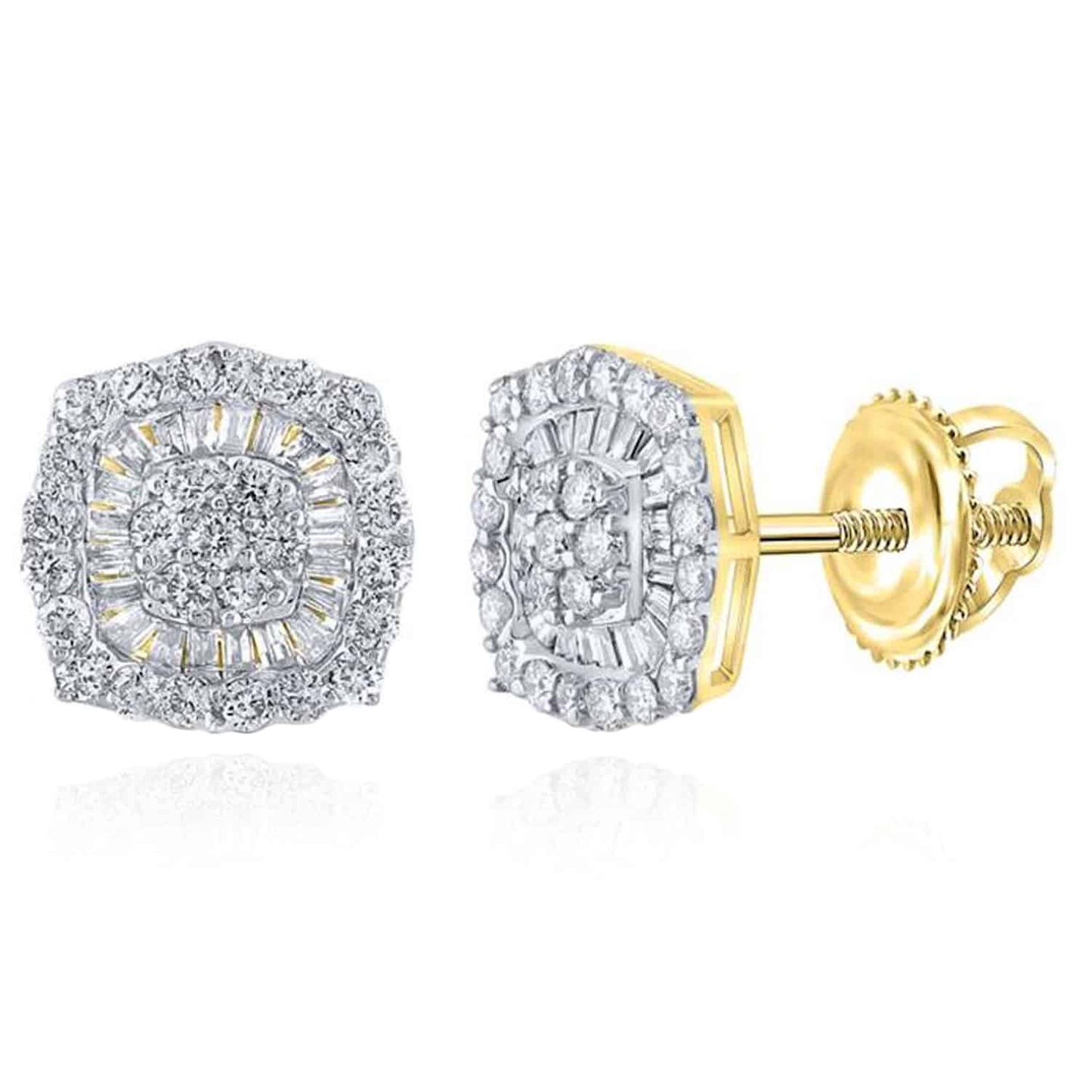 0.73CTW Real Diamond 10K Real Gold Round Baguette Square Stud Earrings 9.5mm
