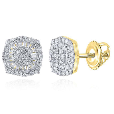 0.73CTW Natural Diamond 10K Gold Round Baguette Square Stud Earrings 9.5mm - WJD Exclusives
