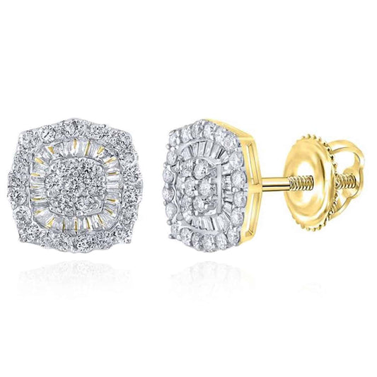 0.73CTW Real Diamond 10K Real Gold Round Baguette Square Stud Earrings 9.5mm