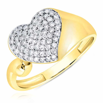 0.30CTW Natural Diamond 10K Yellow Gold Pave Heart Signet Ring - WJD Exclusives