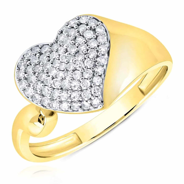 0.30CTW Natural Diamond 10K Yellow Gold Pave Heart Signet Ring - WJD Exclusives