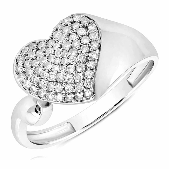 0.30CTW Natural Diamond 10K White Gold Pave Heart Signet Ring - WJD Exclusives