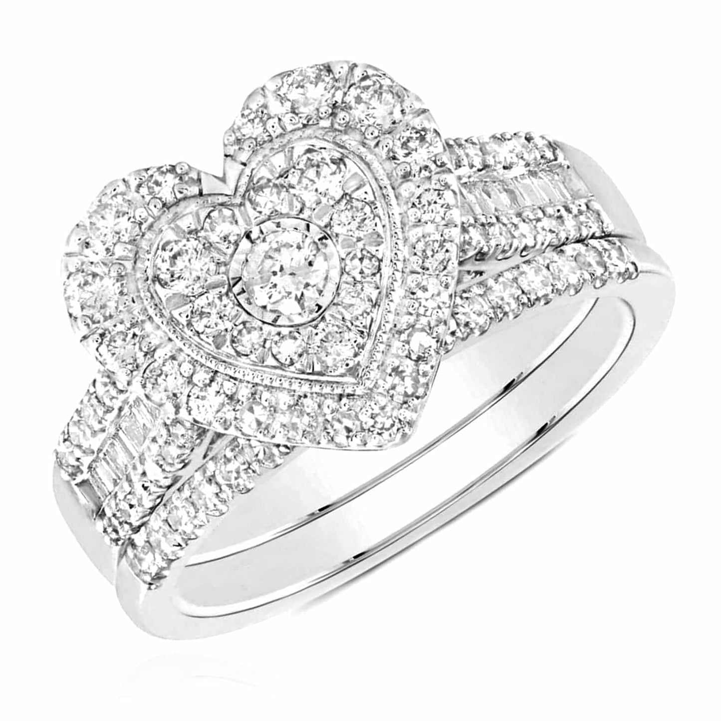 0.95CTW Real Diamond 10K White Gold Round Baguette Heart Ring