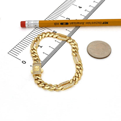 14K Gold Yellow CZ Pave 7mm Figaro Miami Cuban Bracelet 7.5"