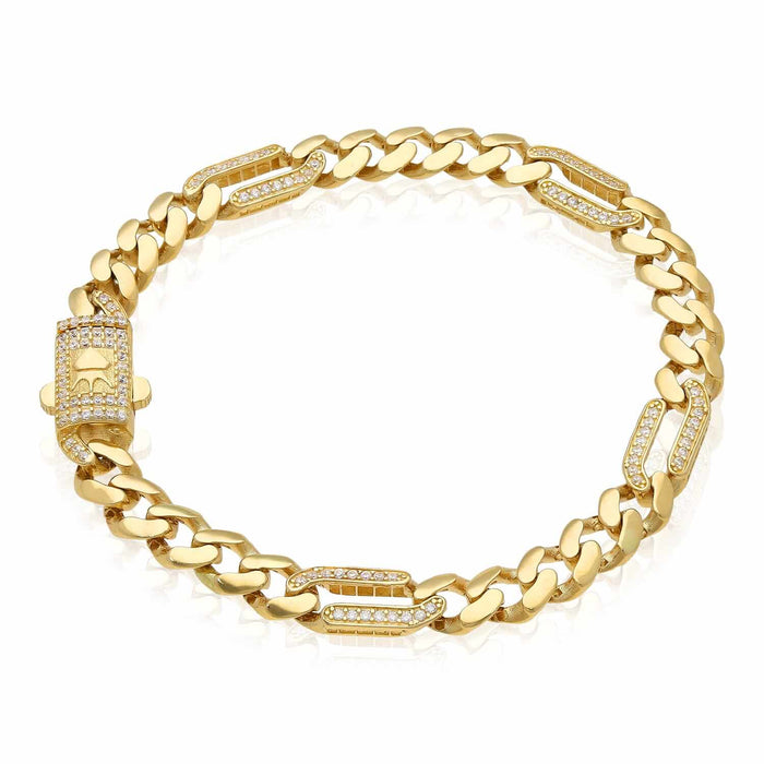 14K Yellow Gold CZ Pave 7mm Figaro Miami Cuban Bracelet (Hollow) 7.5" - WJD Exclusives