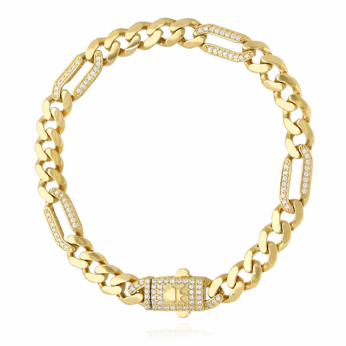 14K Yellow Gold CZ Pave 7mm Figaro Miami Cuban Bracelet (Hollow) 7.5" - WJD Exclusives