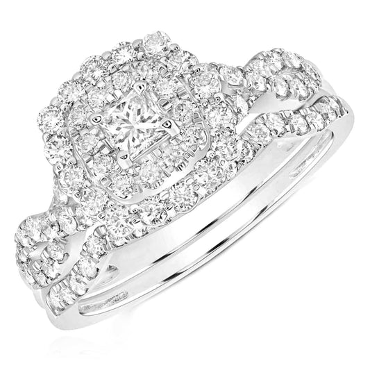 1CTW Real Diamond 10K Real Gold White Double Halo Bridal Ring Set