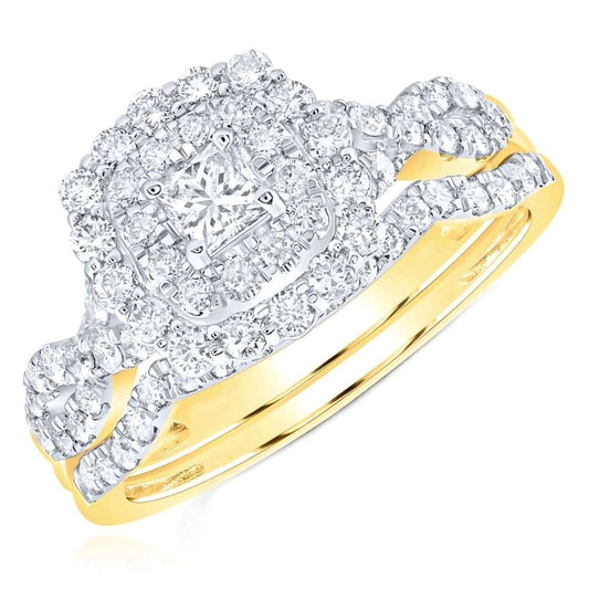 1CTW Real Diamond 10K Real Gold Double Halo Bridal Ring Set