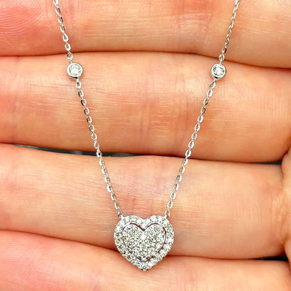 Real Diamond 10K Gold Yellow White By The Yard Heart Pendant Necklace 18"