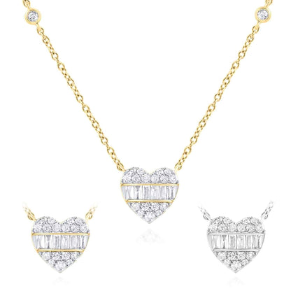 0.25CTW Real Diamond 10K Gold Yellow White Baguette Heart Pendant Necklace