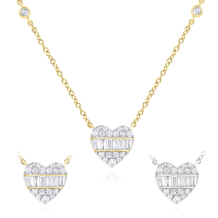 0.25CTW Natural Diamond 10K Gold Yellow White Baguette Heart Necklace (Solid Links) 18" - WJD Exclusives