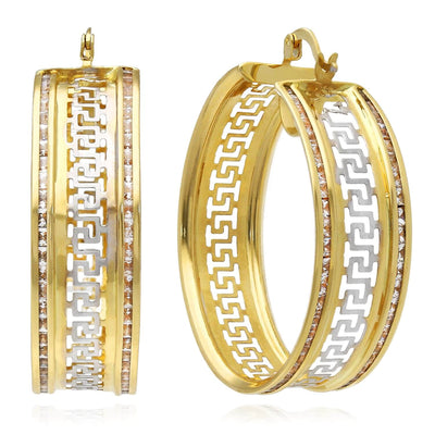 14K Gold CZ Channel - Set All Around Greek Key Hoop Earrings - WJD Exclusives