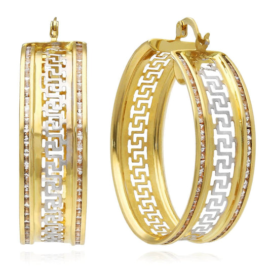 14K Gold CZ Channel-Set All Around Greek Key Hoop Earrings