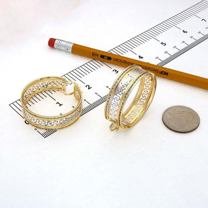 14K Gold CZ Channel-Set All Around Greek Key Hoop Earrings