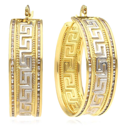 14K Gold CZ Channel-Set All Around Greek Key Hoop Earrings