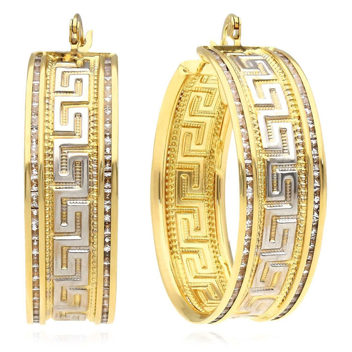 14K Gold CZ Channel - Set All Around Greek Key Hoop Earrings - WJD Exclusives