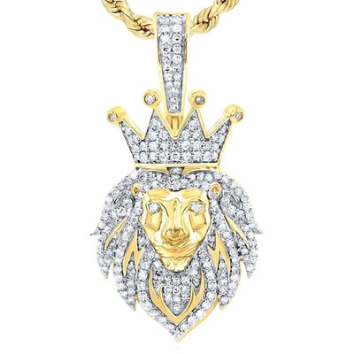 0.62CTW Natural Diamond 10K Gold Crown Lion Face Pendant 1.4" - WJD Exclusives