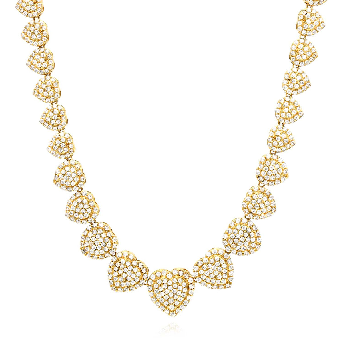 14K Yellow Gold CZ Graduated Heart Cluster Tennis Necklace 18" - WJD Exclusives