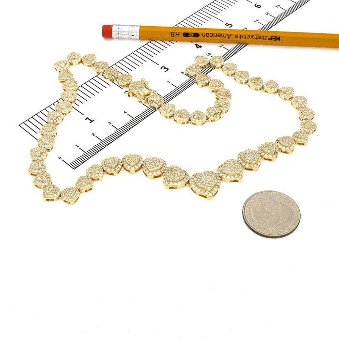 14K Yellow Gold CZ Graduated Heart Cluster Tennis Necklace 18" - WJD Exclusives