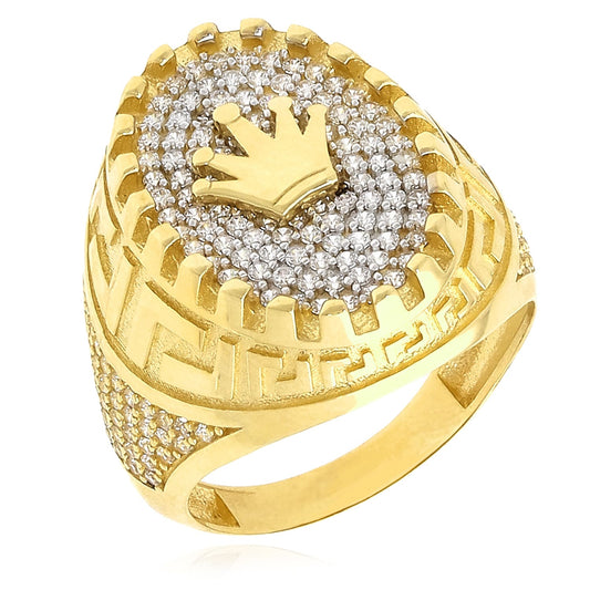 14K Gold Yellow CZ Royal Crown Greek Key Signet Ring
