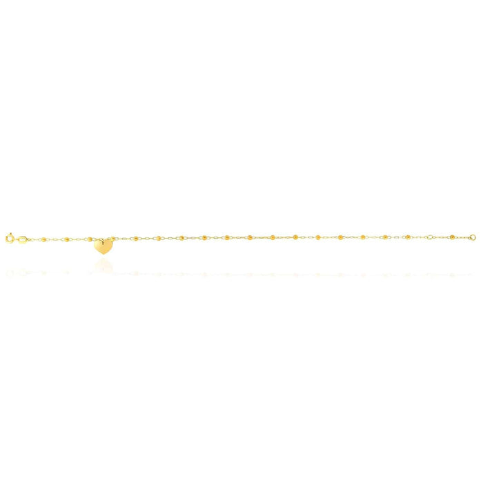 14K Yellow Gold Cable Dangle Heart Disc Bead Station Anklet (Hollow) 10" - WJD Exclusives