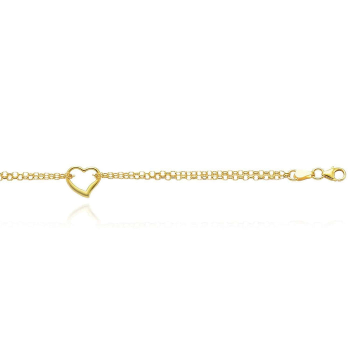 14K Yellow White Gold Double Open Heart Anklet (Hollow) 10" - WJD Exclusives