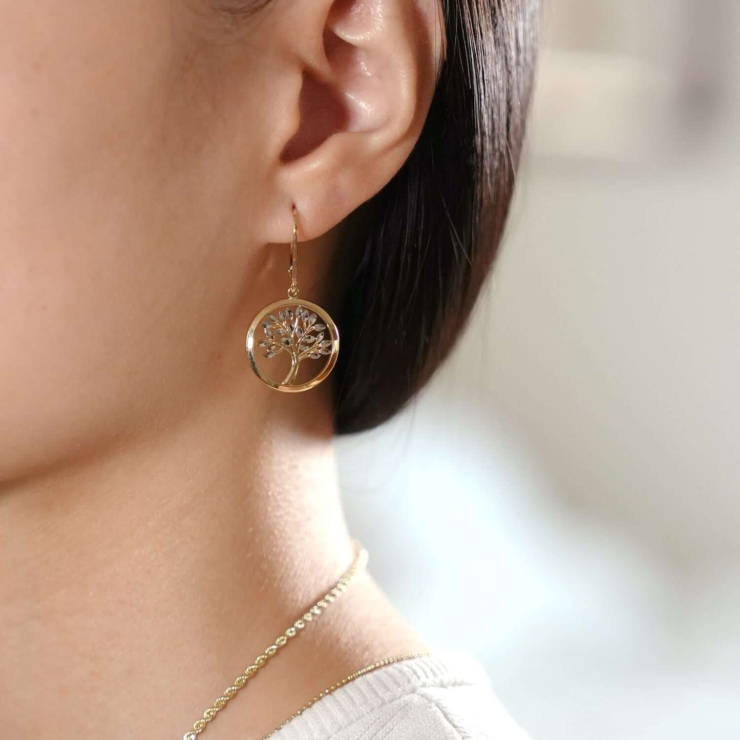 14K Gold Two-Tone Tree Of Life Drop  Leverback Earrings